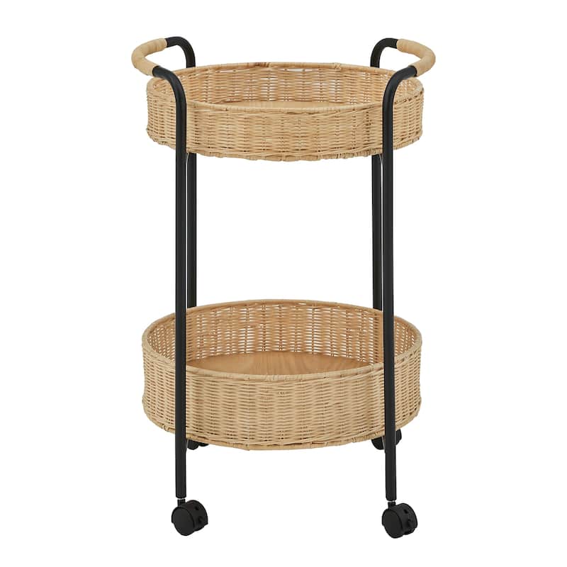 Giethoorn 18" 2-Tier Rattan Baskets Serving Cart with Black Metal Frame on Wheels by iNSPIRE Q Modern