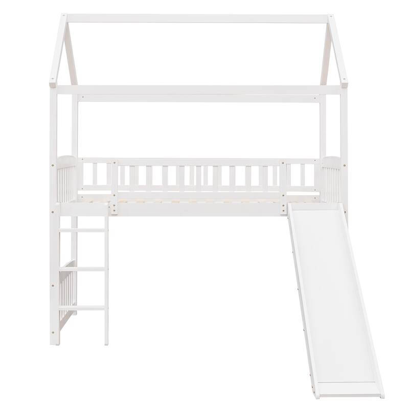 White Twin Loft Bed with Slide and House Design, Space-Saving Kids Furniture