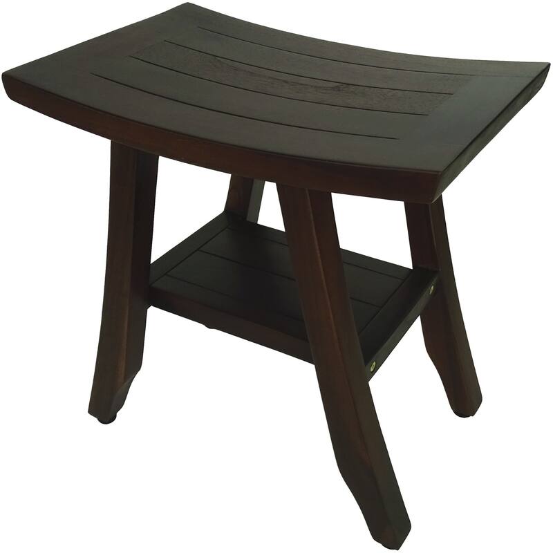 Compact Curviliniear Teak Shower / Outdoor Bench with Shelf in Brown Finish