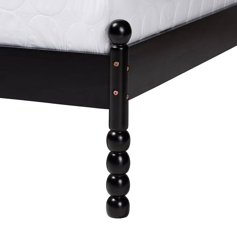 Okena Mid-Century Modern Black Wood Queen Size Platform Bed with Woven Rattan