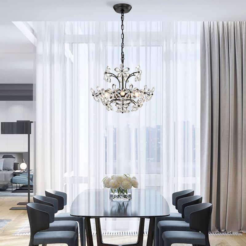 Rosa 6 Lights Antique Black Daisy Flower Crystal Chandelier - 17.7 inches in diameter x 15 inches H