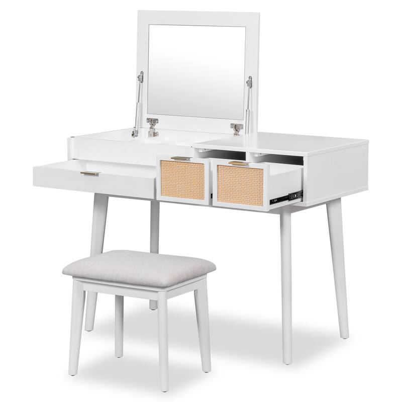Wooden Makeup Vanity Set with Flip-top Square Mirror, Dressing Table and PU-upholstered Stool Set for Bedroom, White