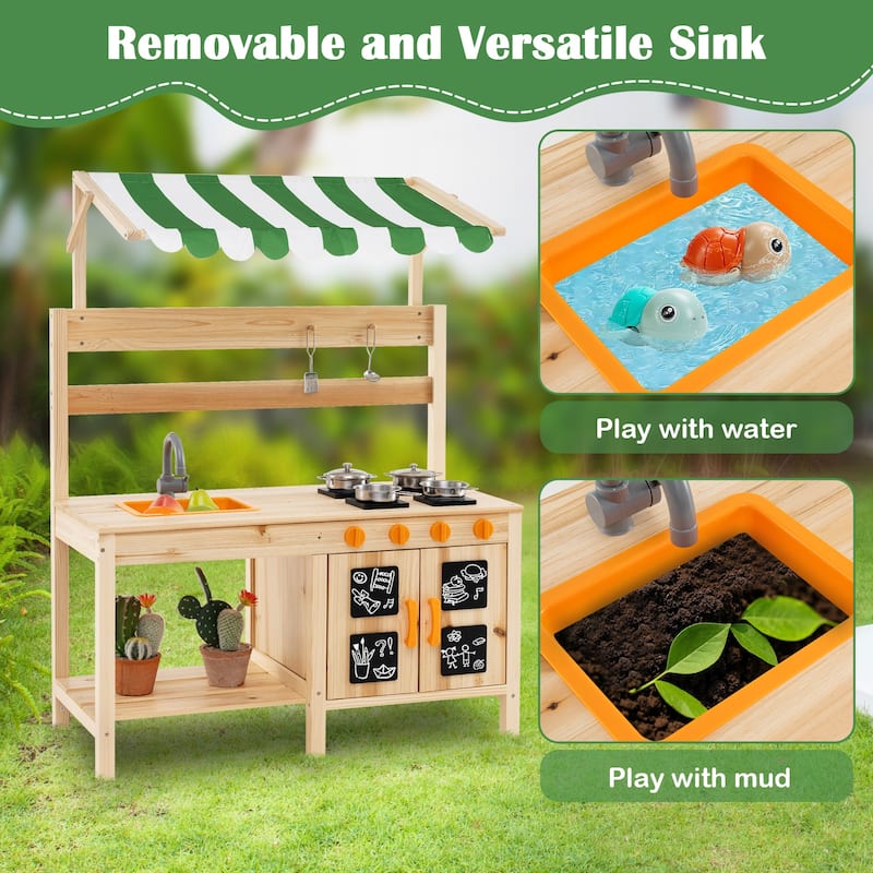 Gymax Kids Mud Kitchen Outdoor Wooden Pretend Play Kitchen w/ 4