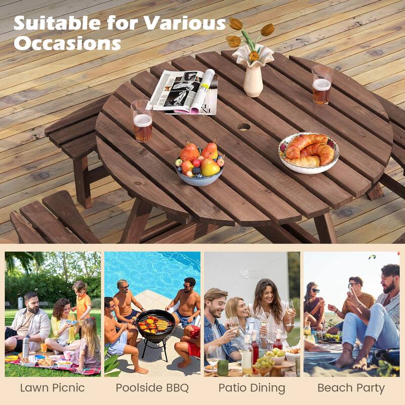 Costway 8-Person Round Picnic Table Set with 4 Built-in Benches 2" - See Details