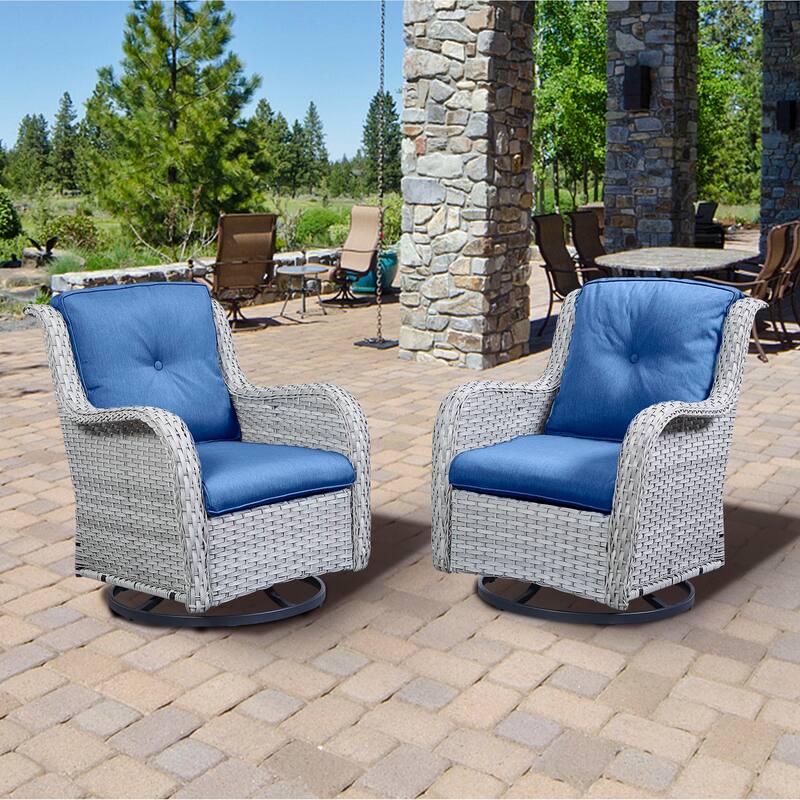 Gymojoy Wicker Swivel Glider Chair with Water-Resistant Olefin Cushions - 2-Piece - Light Gray Wicker / Blue Cusion