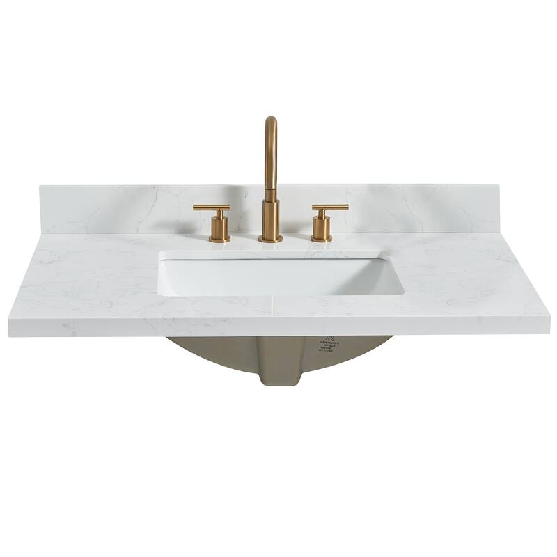 Jaen Composite Stone Vanity Top with White Rectangular Sink - 37 in. W x 22 in. D - Grain White