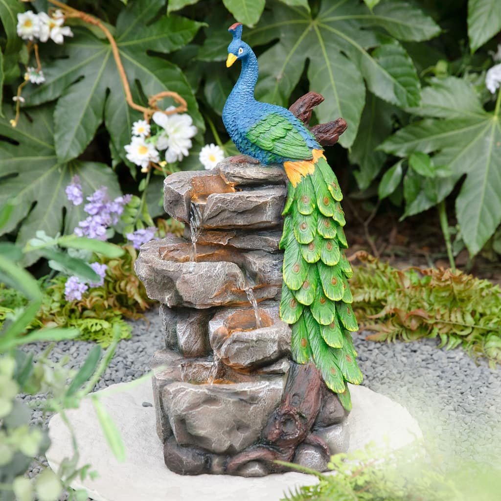Glitzhome 20.5"H 4-Tierd Lighted Peacock Stacked Stones Polyresin Outdoor Floor Fountain