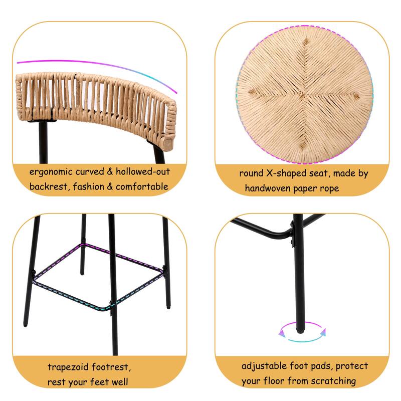 Set of 2 Hand Woven Paper Rope Bar Stools with Back & Footrest, Round Barstools for Kitchen & Dining - Black & Honey