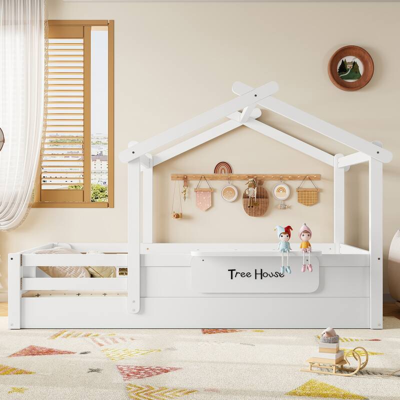 Kids House Floor Bed with Guardrails, Roof & Built-in Tray - Queen/Full/Twin Size, Childlike Design