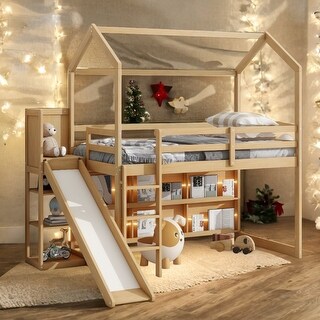 Twin Size Wood House Loft bed with Slide, Storage shelves and Light,Multifunctional Storage 3 Beds in 1 with Light