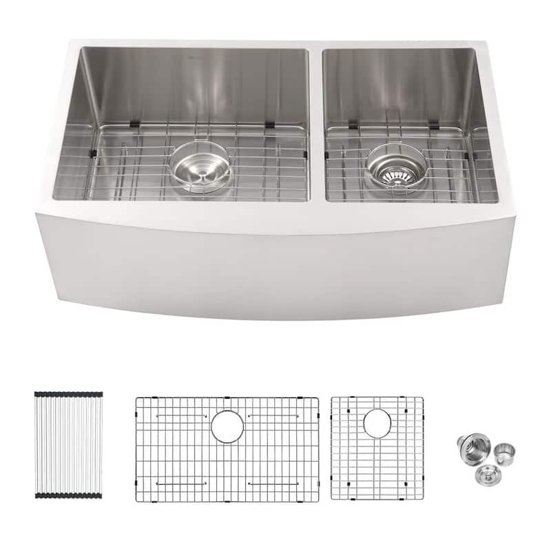 Mother's Day gift: Lordear 33 Inch Kitchen Sink Double Bowl 60/40 Stainless Steel 16 Gauge Round Corner Farm Kitchen Sink