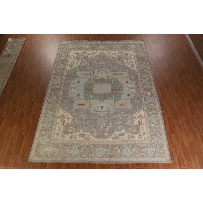 Hand Knotted Oriental 100% Wool Carpet Transitional Medallion Greys & Charcoal Oushak Area Rug - 14' 2'' X 10' 2''