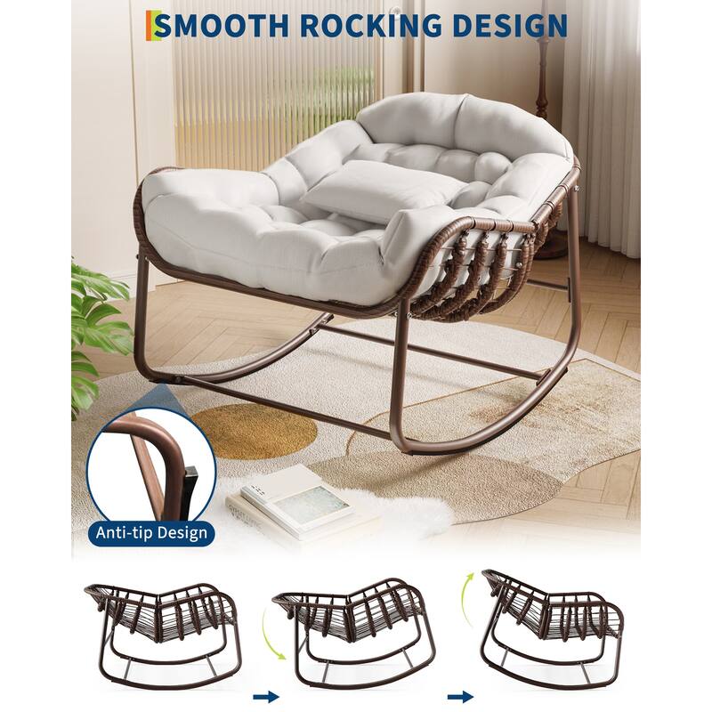 Outdoor Rocking Chair, Oversized Wicker Lounge Chair with Cushion and Metal Frame