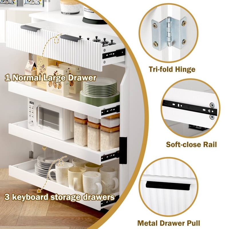 72" Fluted Kitchen Pantry Cabinet, Freestanding Cupboard Storage Cabinet with Drawers and Adjustable Shelves