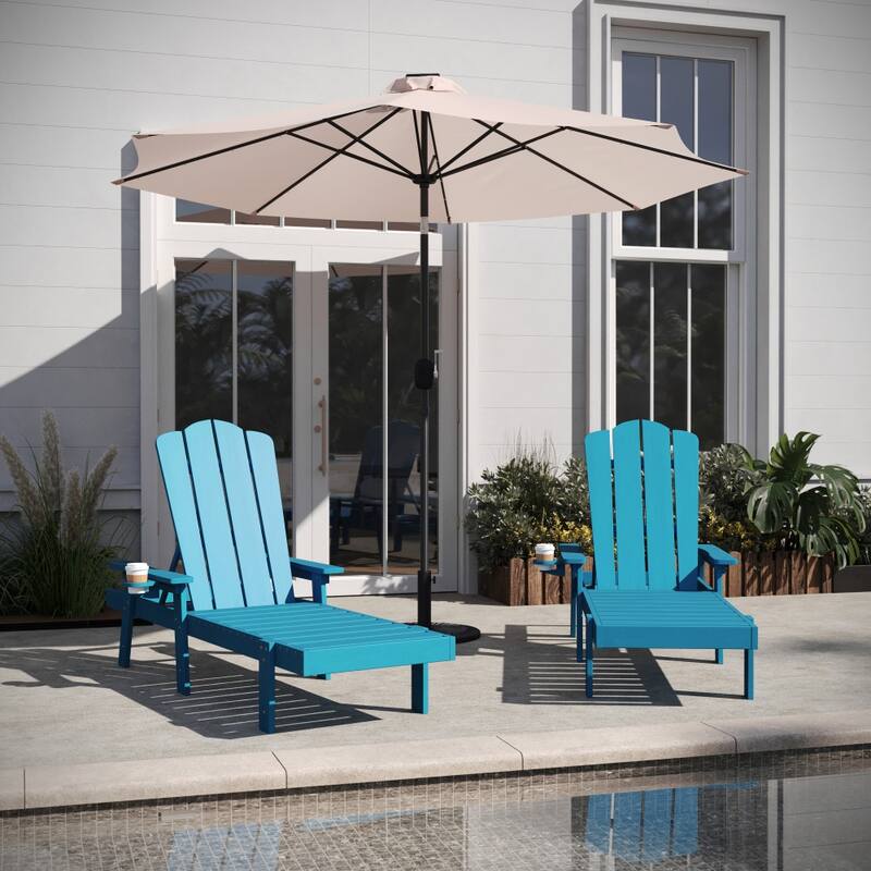 Set of 2 All-Weather Commercial Adjustable Lounge Chairs with Cupholders - Blue