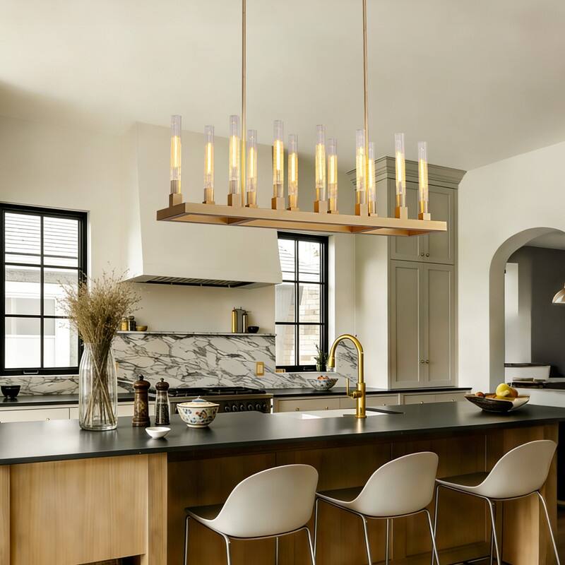 54'' Gold Farmhouse Rectangular Chandelier 12-Light Kitchen Island Lighting with Glass Tube Shades for Living Room & Foyer - N/A