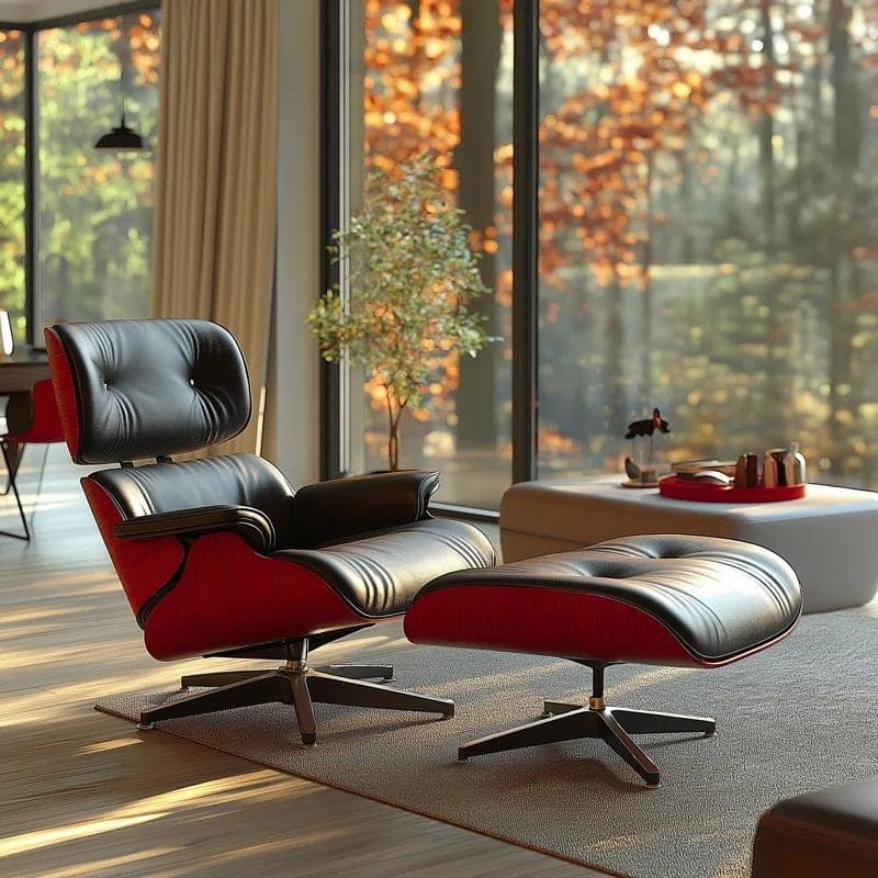 Mid-century Full Grain Leather Accent Chaise Lounge Chair and Ottoman - RedRosewood&Black