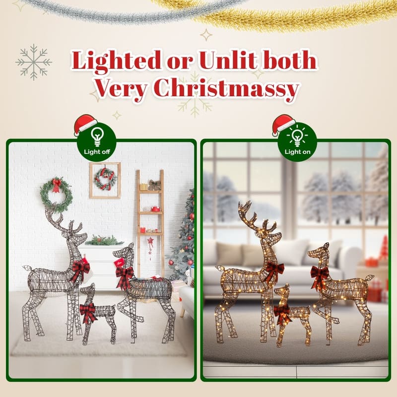 3-Piece Lighted Rattan Christmas Reindeer Family Set Outdoor Decorations - Brown