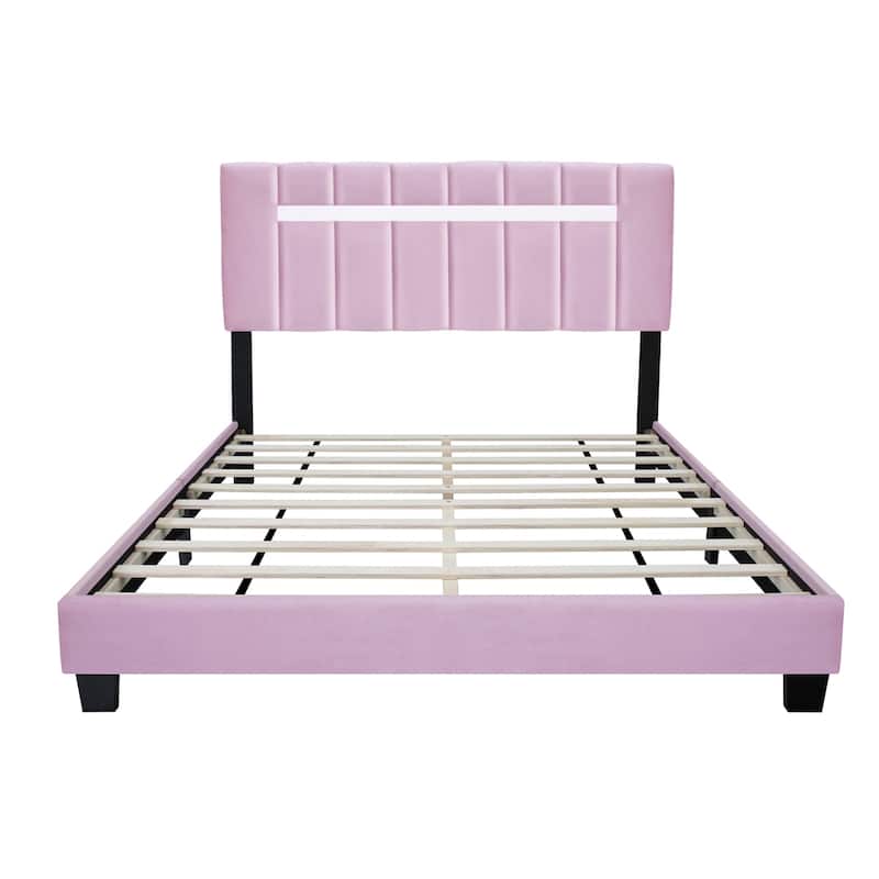 Pink Velvet Upholstered Bed Frame with Adjustable Features