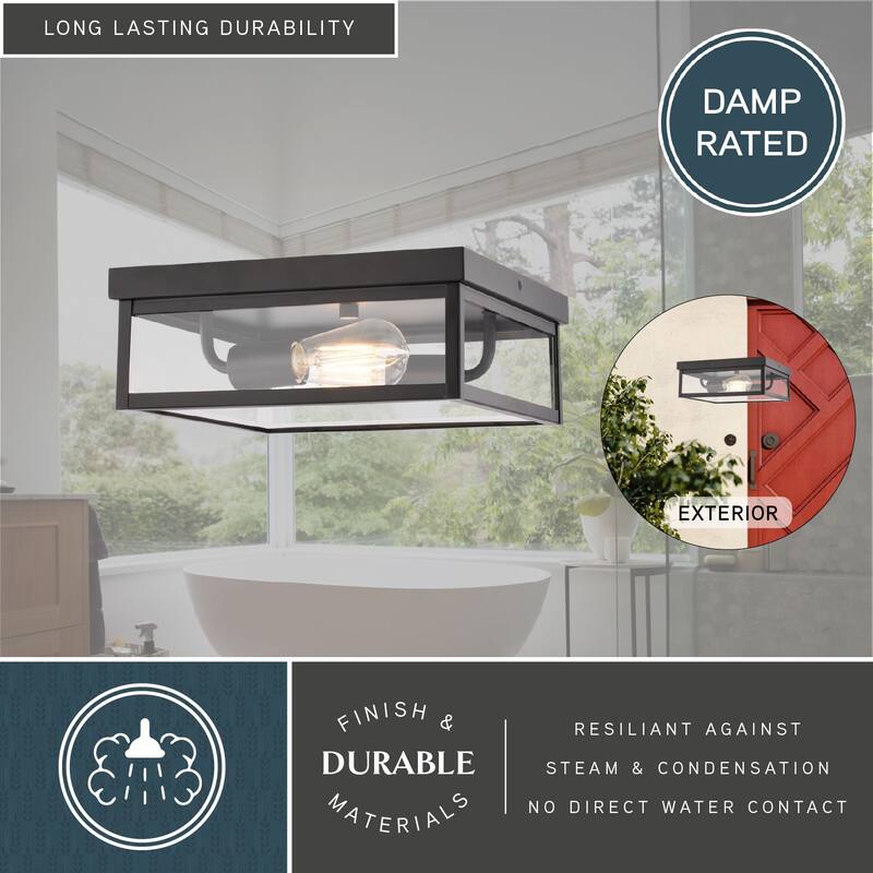 VAXCEL Clinton Matte Black Square Outdoor Flush Mount Ceiling Light with Clear Glass Shade, LED Compatible