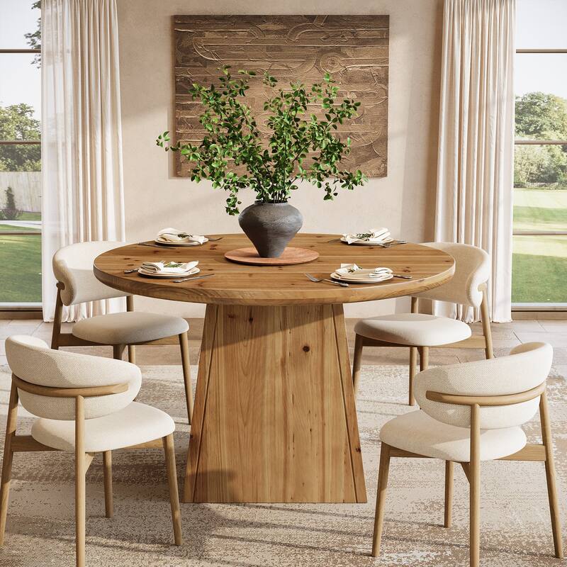 Solid Wood Round Dining Table for 4, Small Circle Kitchen Table with Sturdy Pedestal Base