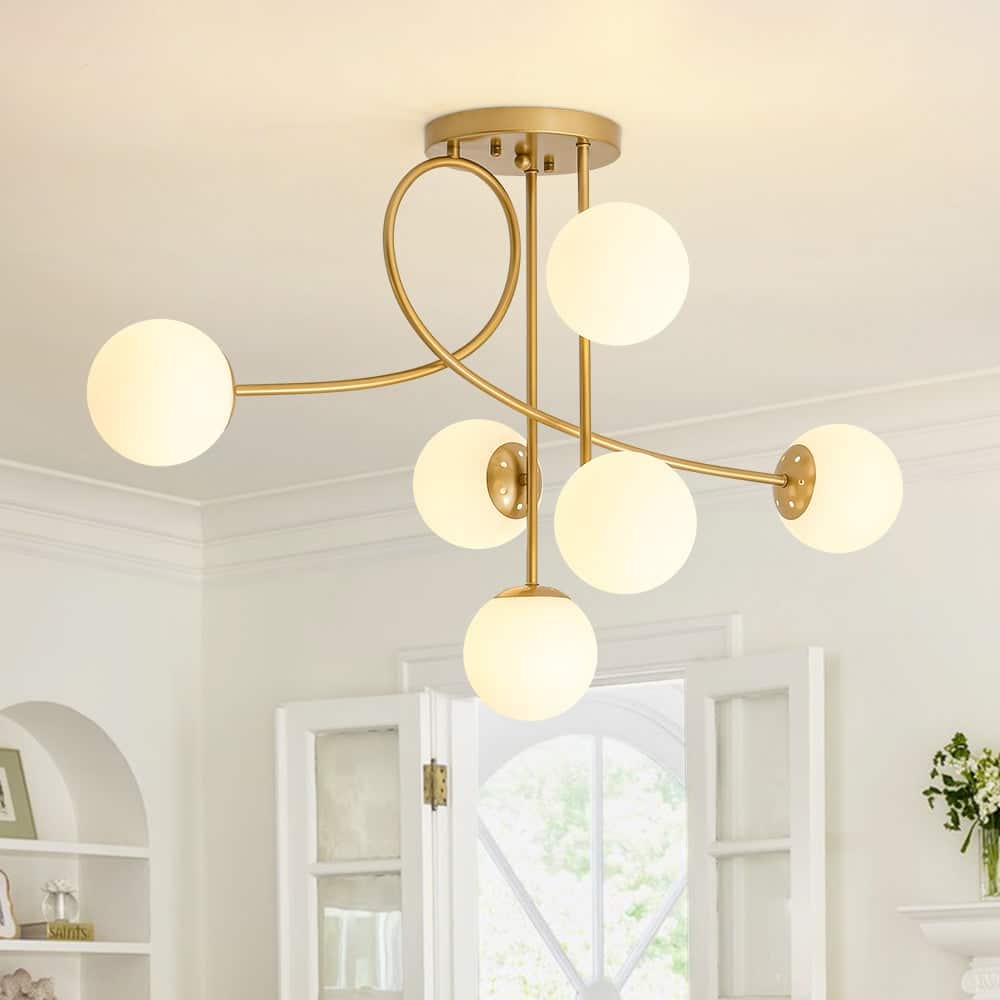 Modern 6-Light Milky Glass Globe Sputnik Semi Flush Mount