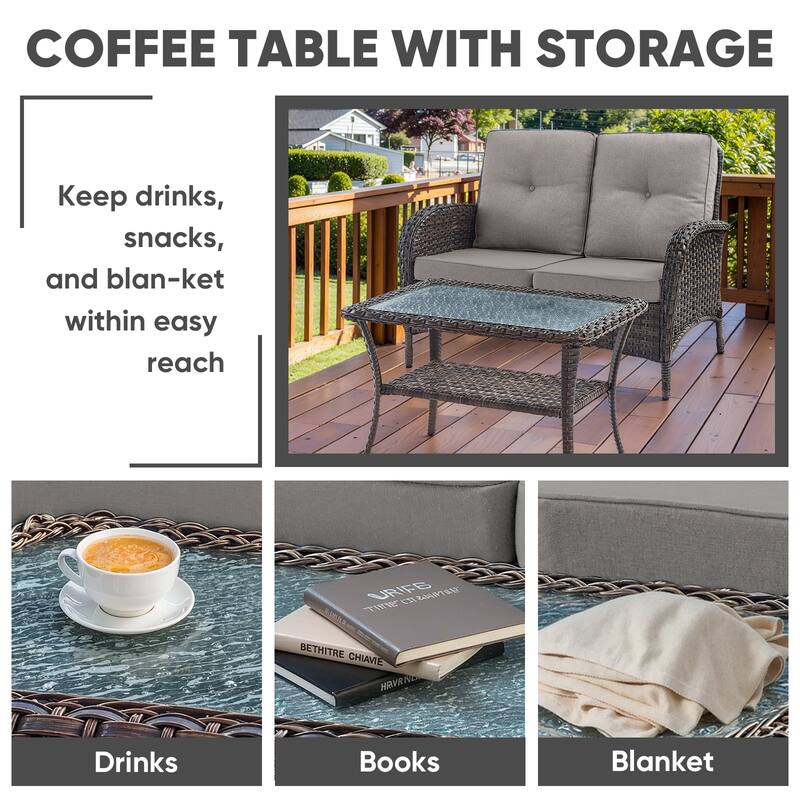 Outdoor Swivel Chairs with Sofa Coffee Table - Grey - Brown