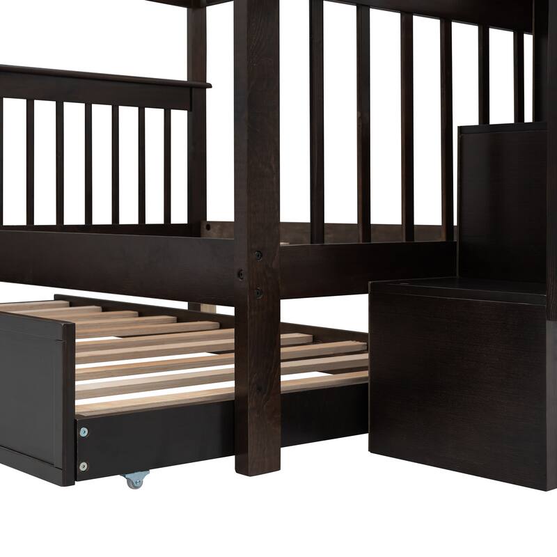 Gray Full-Over-Full Bunk Bed with Twin Trundle, Stairway Storage, Guardrails for Safety, Solid Pine Wood Construction