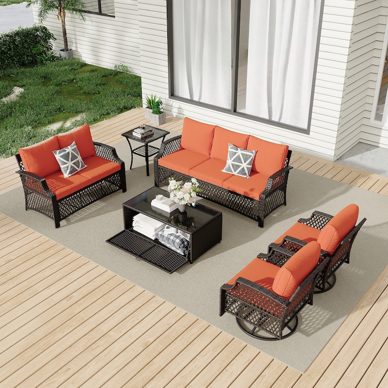Outdoor Wicker Patio Set w Swivel Chairs & Sofa, Ottomans and Tables, Modular 3/5/6/7-Piece, All-Weather Conversation Set.