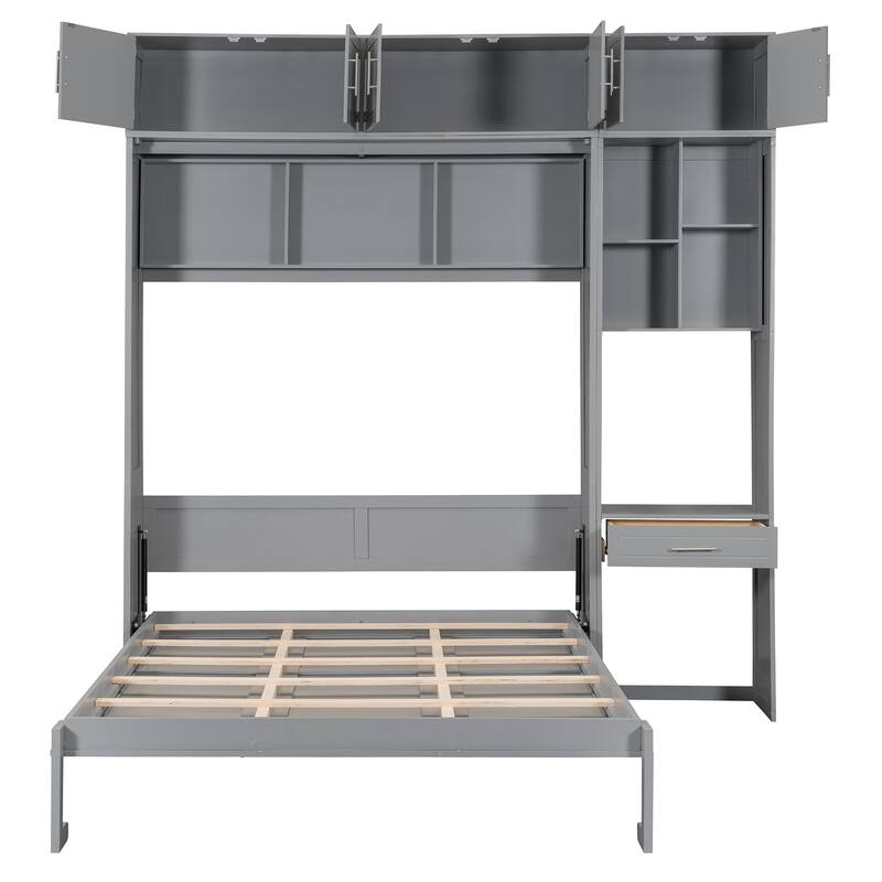 Wall Cabinet Murphy Bed with Dressing Desk & Top Cabinet, Foldable Bed