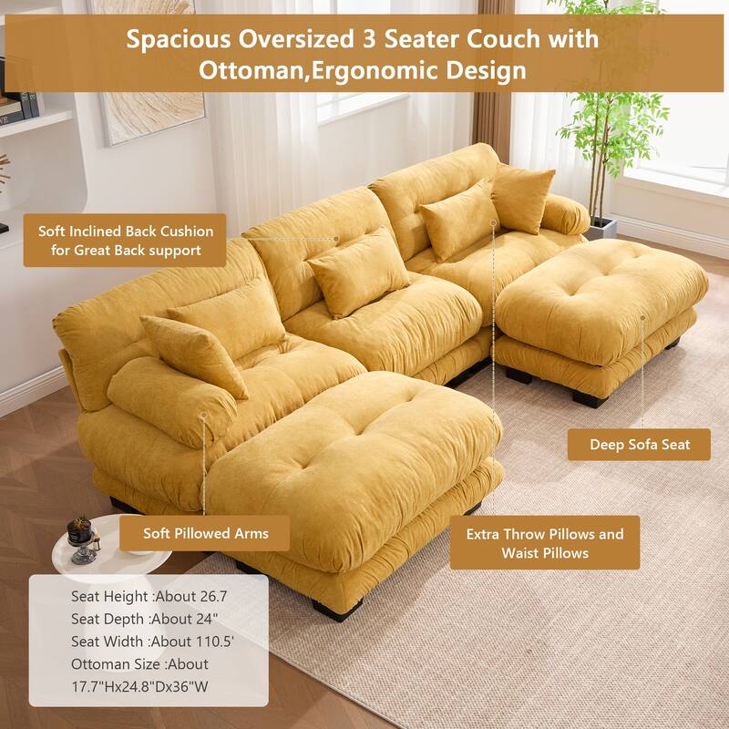 GALDWIN Velvet Upholstered 3-Seater Comfy U-shaped Cloud Tufted Free Combined Sectional Sofa with 2 Ottomans