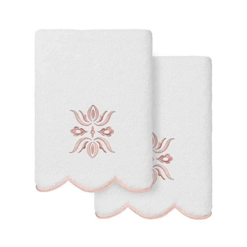 Authentic Hotel and Spa 100% Turkish Cotton FLOWER CREST Scallop Towel Collection - White/Pink - 2 Hand Towels