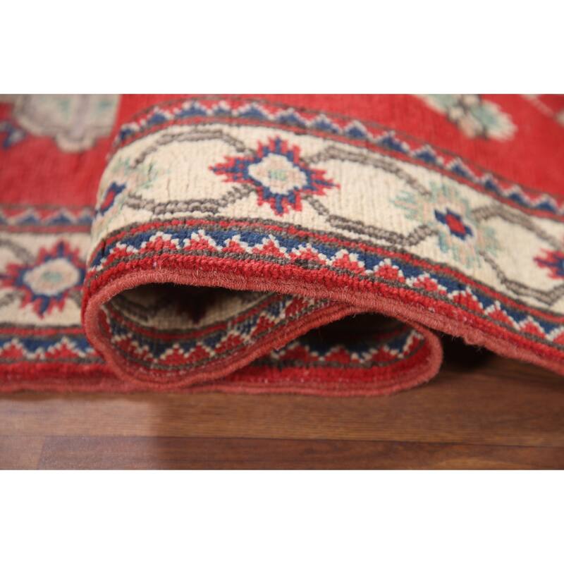 Hand Knotted Oriental 100% Wool Carpet Traditional Geometric Red Kazak Runner Rug - 9' 3'' X 2' 9''