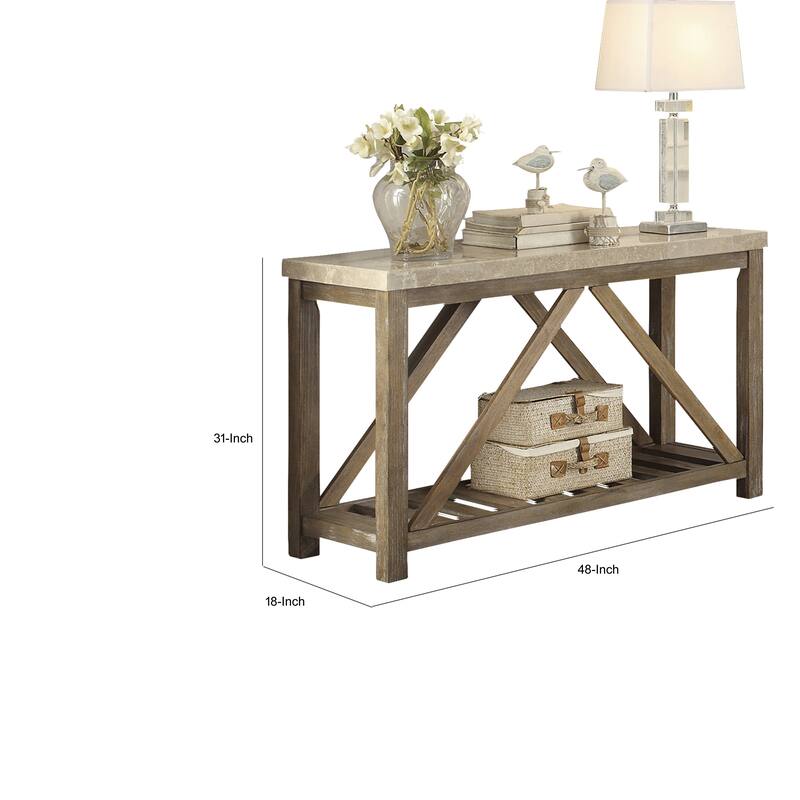 Rectangular Wooden Sofa Table With Slated Bottom Shelf, Gold Brown
