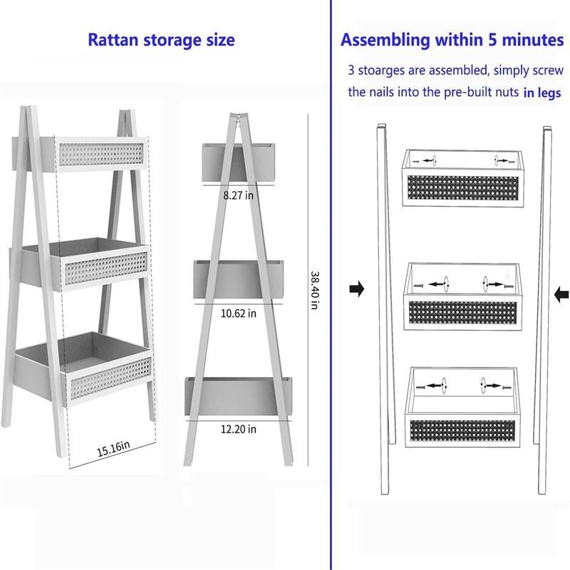 3-Tier Rattan Bookshelf Free Standing Bookcase - 12.2"D x 38"W x 15.16"H