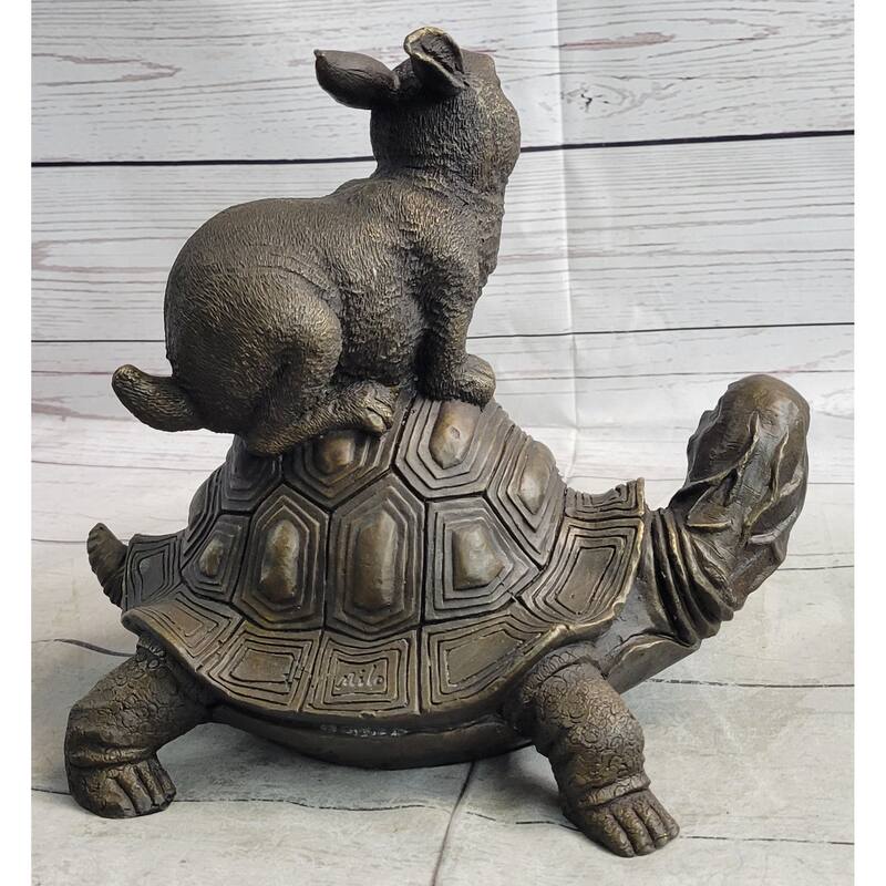Tortoise And The Hare Aesop Fable Bronze Sculpture Figurine Statue Collectible Decor Signed Original Art