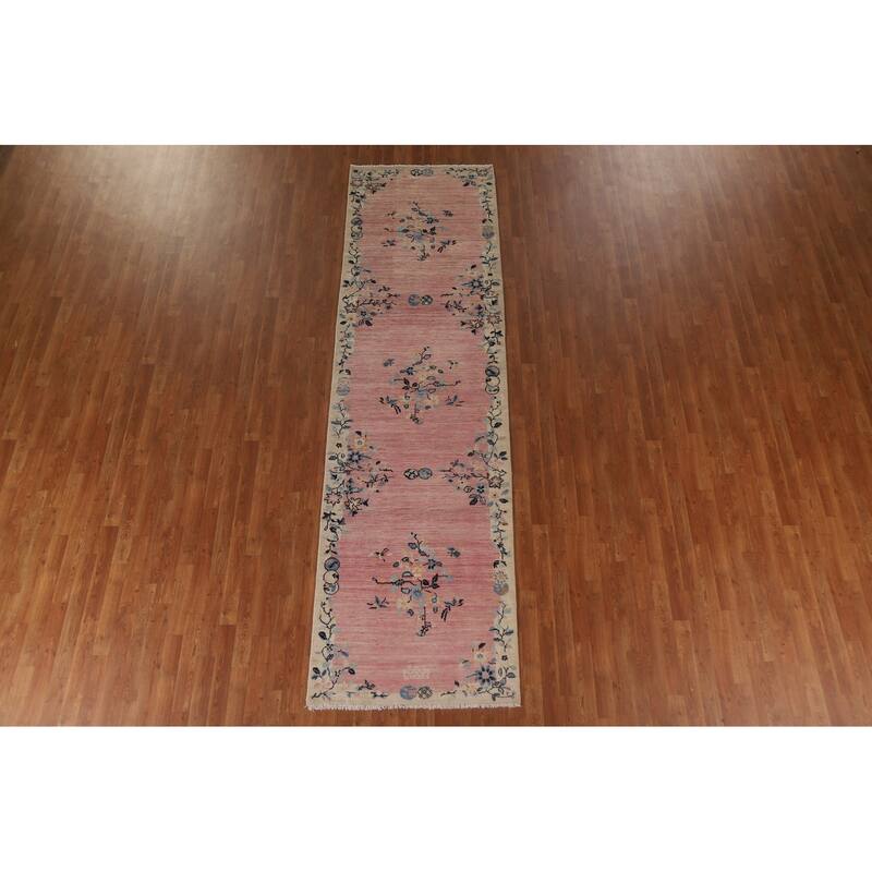 Pink Floral Oushak Vegetable Dye Runner Rug Hand-knotted Wool Carpet - 3'5"x 11'7"