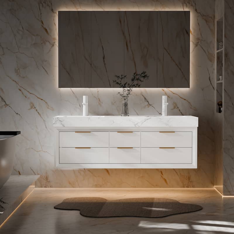 60" Wall-Mount Double Vanity with LED Light. - 60 inch