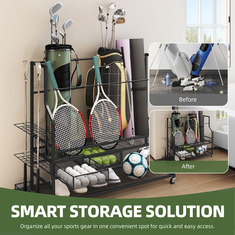 Moasis 4 Slot Golf Bag Storage Rack with Wheels and Drawer for Clubs and Balls