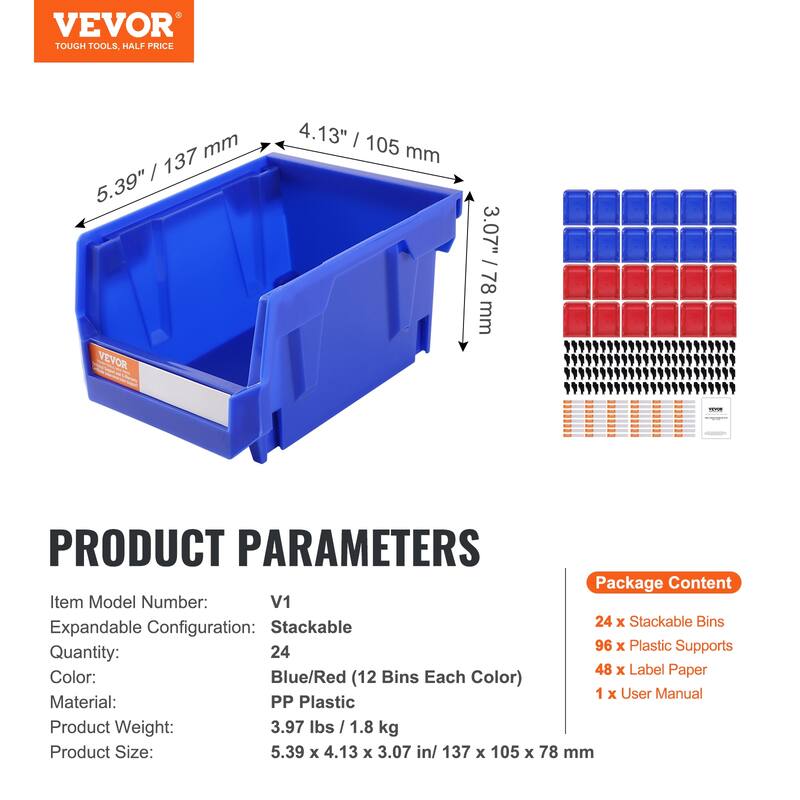 VEVOR Plastic Storage Bin,Hanging Stackable Storage Organizer Bin, Blue/Red,for,Office,or Pantry Organization