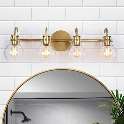 Modern Glam 4-Light Linear Bathroom Vanity Light Gold Metal Wall Sconces with Clear Glass