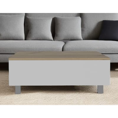 32" White And Light Oak Manufactured Wood Rectangular Lift Top Coffee Table With Drawer And Shelf - 21.4" H x 31.5" W x 21.4" D