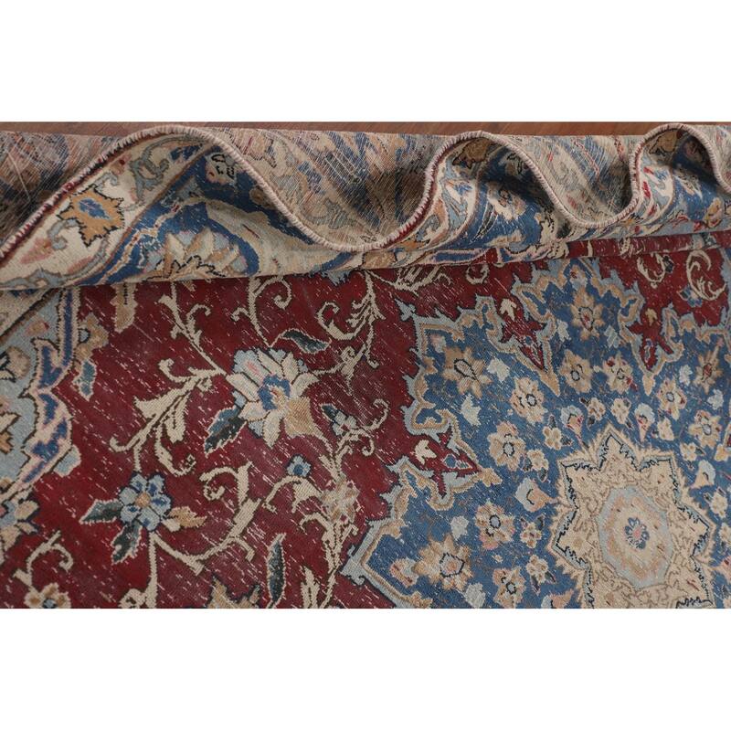 Distressed Mashad Persian Vintage Area Rug Hand-Knotted Wool Carpet - 8'5" x 11'5"