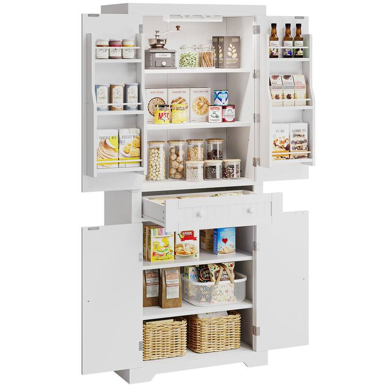 72" Tall Kitchen Pantry Cabinet with Adjustable Shelves, Door Shelves and Drawer,White Large Storage Cabinet with Sensor Light