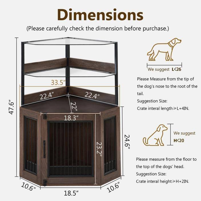 MCombo Corner Dog Crate Furniture with Glass Shelves, Wooden Dog Kennel Furniture with Door, Pet Crate Indoor Use, CN28 - Small