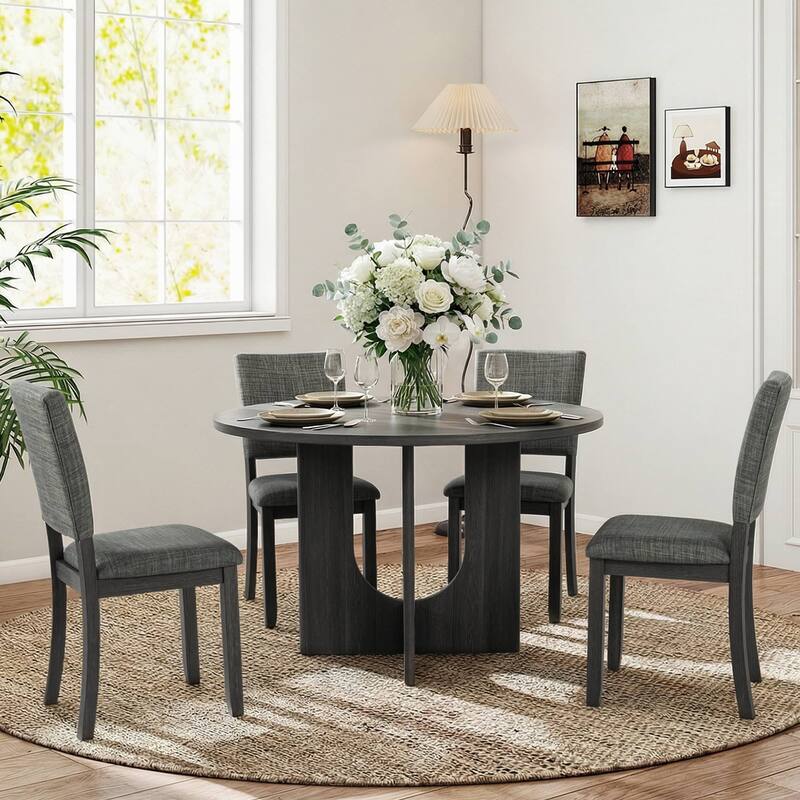 Rossetta 5-Piece Contemporary Transitional Style Dining Set with X-Crossed Base Round Table and 4 Upholstered Fabric Chairs