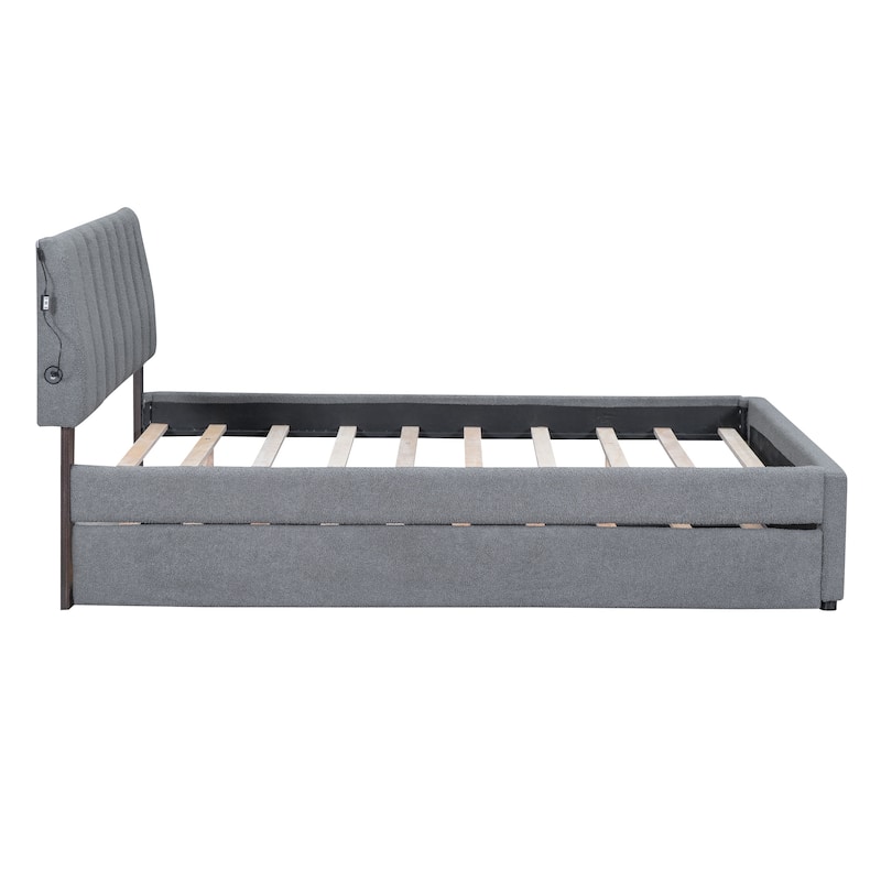 Teddy Fleece Full Size Upholstered Platform Bed with Trundle, Beige
