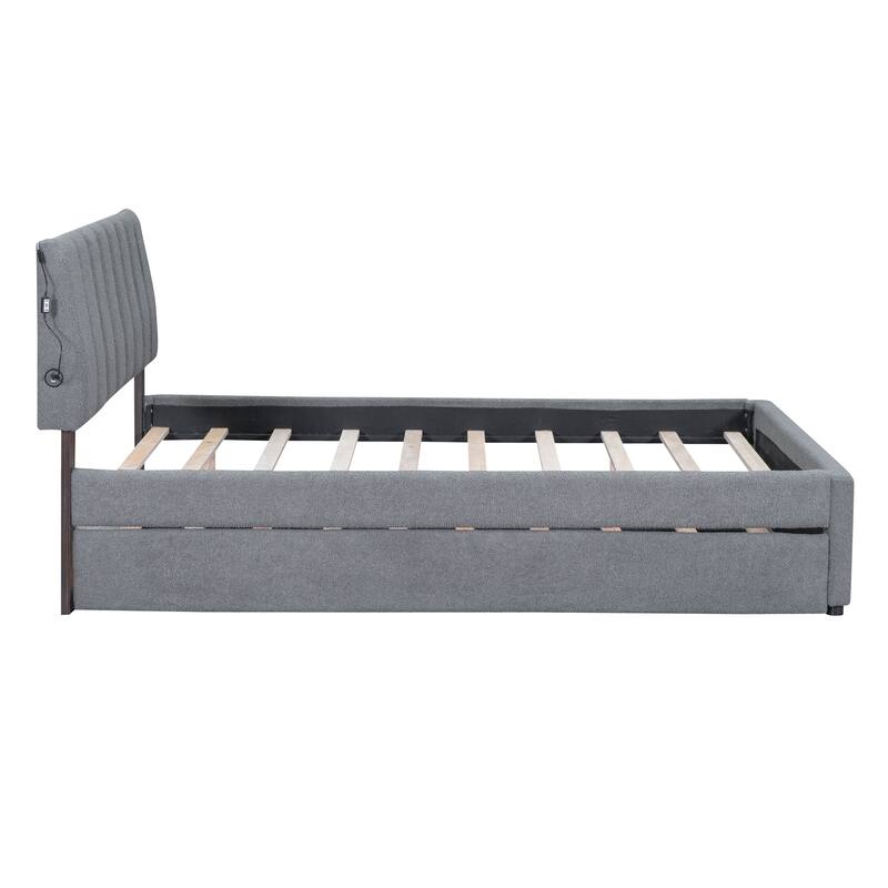 Twin/Full/Queen Teddy Fleece Upholstered Platform Bed with Trundle and LED Lights - Space-Saving & Stylish Design