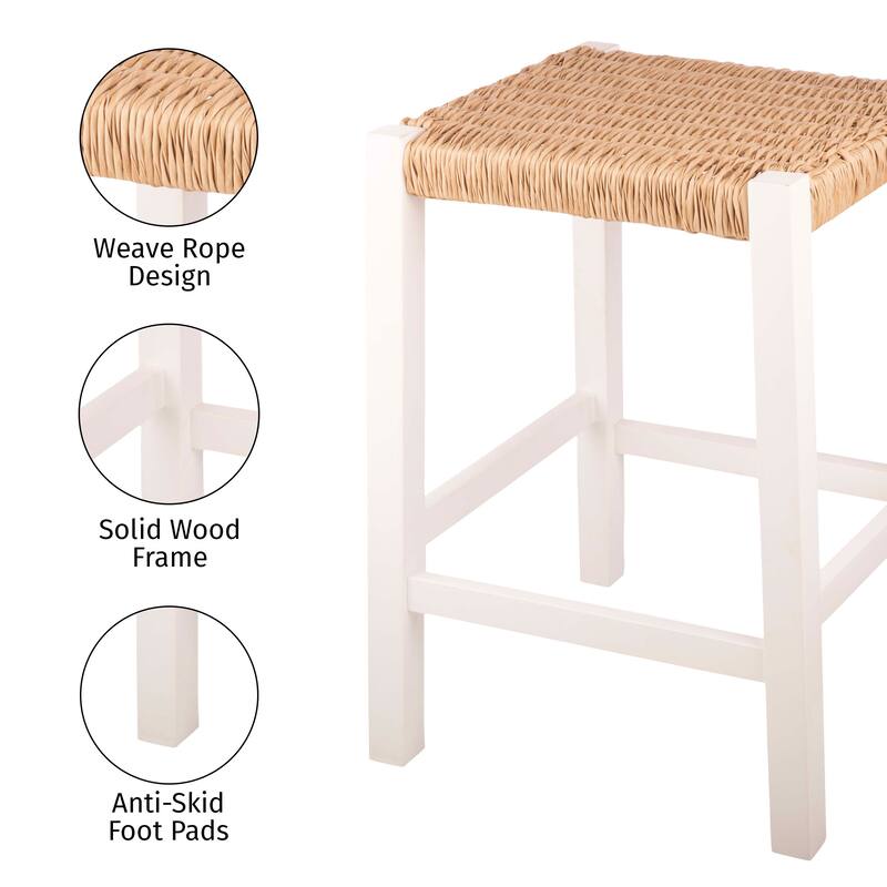 Newport 24"H Wood Counter Height Stool 24 with Handcrafted Woven Rope Seat, White