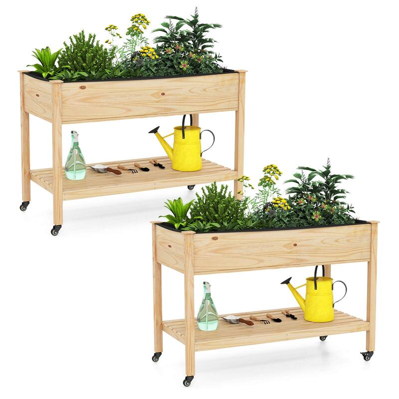 Costway 1/2 PCS Wooden Raised Garden Bed with Legs, Lockable Wheels, - Natural - 2 PCS